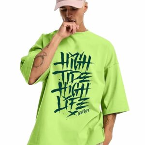 LEOTUDE Half Sleeve Oversized Tshirt for Men, Round Neck Drop Shoulder, Colorful Printed T-Shirt (Color Neon Green)